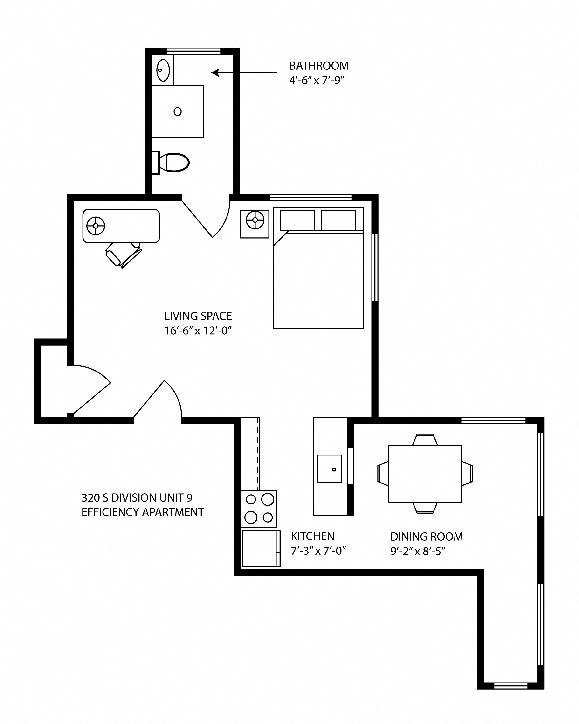 Floor plan for 1 bed, 1 bath, 550 sqft
